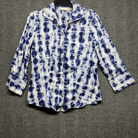 Chico's Women's Button-Up Top Blue White Tie Dye 3/4 Sleeve Cotton Blouse size 0 - Picture 1 of 6